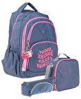 Kaukko Gri Pembe Kız Çocuk Üçlü Okul Çanta Seti - Krinkıl Kumaş - K1687+K9011+K2516