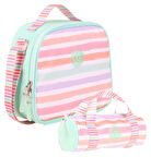 Kaukko Isı Yalıtımlı Beslenme Çantası ve Kalemlik Seti - Kız Çocuğuna Özel - Çizgi Desenli - Su Yeşili Pembe Renkli