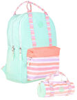 Kaukko İkili Okul Çantası Seti - Okul Çantası+Kalemlik - Su Yeşili Pembe - Çizgi Desenli - Kız Çocuklar İçin
