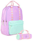 Kaukko İkili Okul Çantası Seti - Okul Çantası+Kalemlik - Lila - Çift Renk - Kız Çocuklar İçin