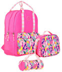 Kaukko Double Stripe Kız Çocuk İlkokul Üçlü Okul Çantası Seti - Pembe - Yaprak Desenli
