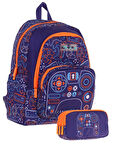 Kaukko Kids (L5281+L8281) Üç Gözlü Erkek Çocuk Okul Çantası ve Kalem Çantası Seti - Turuncu Lacivert - Oyun Baskılı