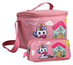 Cennec Kız Çocuk Unicorn Desenli Pembe Yeşil Beslenme Çantası ve Kalemlik Seti