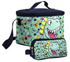Cennec Erkek Çocuk Dinazor Desenli Yeşil Lacivert Beslenme Çantası ve Kalemlik Seti