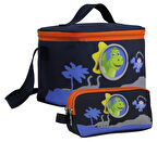 Cennec Erkek Çocuk Sevimli Dinazor Desenli Mavi Kırmızı Beslenme Çantası ve Kalemlik Seti