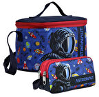 Cennec Erkek Çocuk Astronot Desenli Lacivert Mavi Beslenme Çantası ve Kalemlik Seti