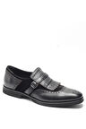 Siyah Hakiki Deri ve Süet Kombinli Kiltie Püsküllü Tokalı Monk Strap Klasik Erkek Ayakkabı