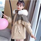 MODAVALS İTHAL KÜRKLÜ KAZ AYAĞI DESENLİ DANTELLİ BEL BAĞCIKLI KIZ ÇOCUK MONT - KREM