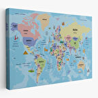 Harita Sepeti Türkçe Dünya Haritası Sembollü ve Okyanuslu Dekoratif Kanvas Tablo 2460