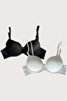 Beyaz-Siyah 2'li Mikro Kumaş İçi Boş Balenli Günlük Desteksiz Sütyen