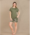 ŞıkTasarım Çiçek Desenli Yeşil Şortlu Kısa Kol Viskon Pijama Takımı