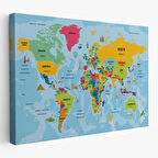 Harita Sepeti Türkçe Dünya Haritası Sembollü ve Okyanuslu Dekoratif Kanvas Tablo 2470