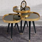 3'Lü Siyah Aynalı Yuvarlak Zigon Sehpa Gold Çerçeveli Ahşap Lüx Ayaklı D1