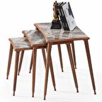 3'Lü Kahve Mermer Dikdörtgen Ahşap Zigon Ceviz Kenarlı Sehpa Lüx Ayaklı E8