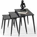 3'Lü Siyah Mermer Dikdörtgen Ahşap Zigon Sehpa Siyah Lüx Ayaklı E11