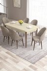 Roz Serisi 80x132 Mdf Krem Masa Ceviz Ayak Mutfak Masası 6 Cappucino Sandalye Gold Halka