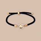 Sevgi Dolu Mevlana Figürlü Siyah Örgülü ve 14 Ayar Altın Plakalı Aile Bilekliği