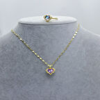 Yeni Sezon 22 Ayar Altın Kaplama Singapur Zincir'li Kalp'li Mor Taş'lı Kadın Kolye Yüzük Seti