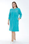 Kadın Turkuaz Fermuarlı Truvakar Kollu Cepli Biyeli Taşlı Pamuklu Havlu  Büyük Beden Elbise