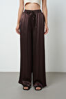 Kadın Kahverengi Düz %100 Viskoz Bol Paça Beli Lastikli Pantolon