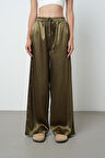 Kadın Haki Renk Düz Saten Bol Paça Beli Lastikli Pantolon