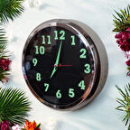 Fosforlu Gümüş Renkli Metal Mini Duvar Saati Çap 20 cm Küçük Saat