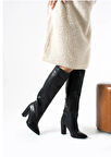 Siyah Süet Kalın Topuk Diz Üstü Çizme