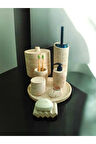 Mermer Desen Bej Beton Banyo Set,Tuvalet Fırçası,Çöp Kovası,Katı,Sıvı Sabunluk,Tepsi,Pamukluk,Mumluk