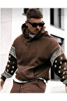 Erkek Kahverengi Kol Desenli Oversize Sweatshirt
