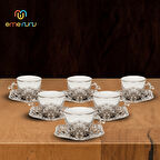 Elisa Altılı Yaldızlı Kahve Sunum Seti - Metal İşlemeli Kahve Fincan Takımı (Farklı Renk Seçenekli)