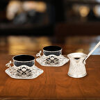  Elisa Cezveli İkili Kahve Sunum Seti - 2 Kişilik Metal İşlemeli Cezve Fincan Takımı