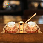 Elisa Tepsili Cezveli İkili Sunum Seti - 2 Kişilik Tepsi Cezve Metal İşlemeli Fincan Takımı