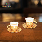 DURU İkili Kahve Takımı - 2 Kişilik Metal İşlemeli Tepsi ve Fincanı Sunum Seti