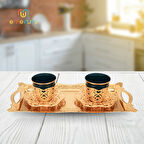 DURU Tepseli İkili Kahve Sunum Seti - 2 Kişilik Metal İşlemeli Tepsi Fincan Takımı