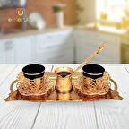 DURU Tepsili Cezveli İkili Sunum Seti - 2 Kişilik Tepsi Cezve Metal İşlemeli Fincan Takımı