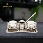 İkili Tepsili Cezveli Kahve Sunum Seti - Bakır İşlemeli, Taş Süslemeli, Farklı Renk Seçenekleriyle