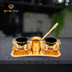 İkili Tepsili Cezveli Kahve Sunum Seti - Bakır İşlemeli, Taş Süslemeli, Farklı Renk Seçenekleriyle