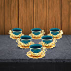 Lale Altılı Porselen Kahve Fincan Seti - 6 Kişilik Bakır İşlemeli Fincan Takımı