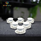 Lale Altılı Porselen Kahve Fincan Seti - 6 Kişilik Bakır İşlemeli Fincan Takımı