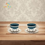 İkili Porselen Kahve Fincan Takımı - 2 Kişilik Bakır İşlemeli, 6 Farklı Renk Seçenekli