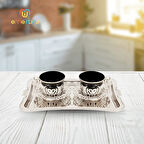 İkili Tepsili Porselen Kahve Seti - 2 Kişilik Bakır İşlemeli Tepsili Fincan Takımı (6 Farklı Renk)