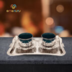 İkili Tepsili Porselen Kahve Seti - 2 Kişilik Bakır İşlemeli Tepsili Fincan Takımı (6 Farklı Renk)