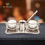 İkili Tepsili Cezveli Porselen Kahve Seti - 2 Kişilik Bakır İşlemeli Tepsili Fincan Takımı