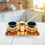 İkili Tepsili Cezveli Porselen Kahve Seti - 2 Kişilik Bakır İşlemeli Tepsili Fincan Takımı