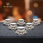 Büşra Altılı Porselen Kahve Fincan Seti - 6 Kişilik Metal İşlemeli Fincan Takımı (8 Renk Seçeneği)