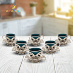 Büşra Altılı Porselen Kahve Fincan Seti - 6 Kişilik Metal İşlemeli Fincan Takımı (8 Renk Seçeneği)