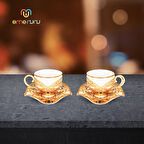 Büşra İkili Porselen Kahve Fincan Seti - 2 Kişilik Bakır İşlemeli Fincan Takımı - 4 Renk Seçenekli