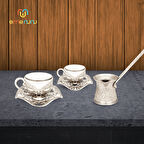 Büşra İkili Cezveli Porselen Kahve Fincan Seti - Bakır İşlemeli Fincan + Cezve Takımı