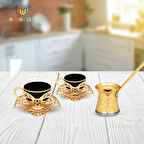 Büşra İkili Cezveli Porselen Kahve Fincan Seti - Bakır İşlemeli Fincan + Cezve Takımı