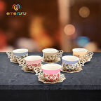 Sultan 6 Kişilik Porselen Kahve Fincan Seti - Bakır İşlemeli Fincan Takımı (14 Renk Seçenekli)